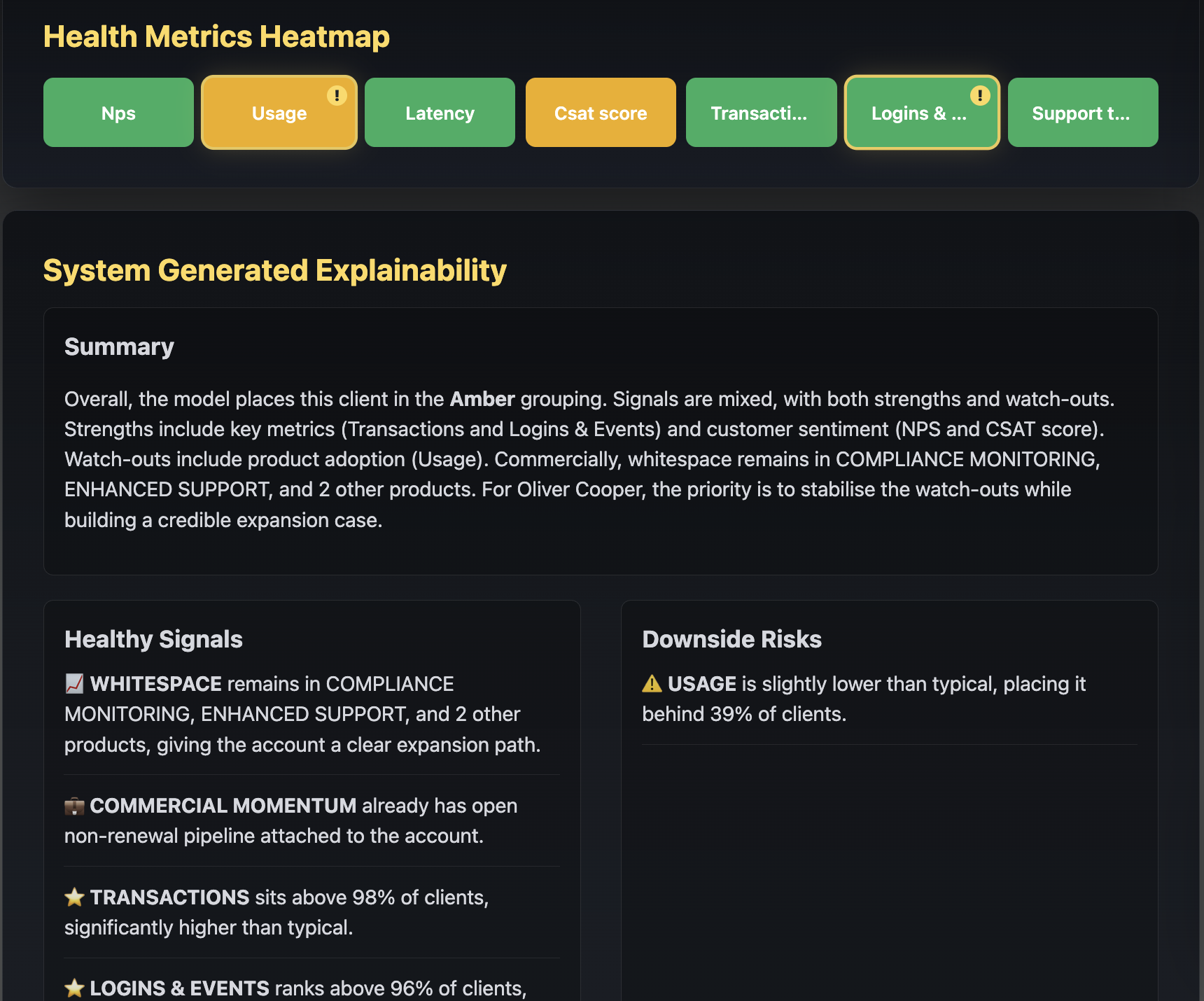 AI dashboard showing account prioritisation, customer health, and revenue risk insights